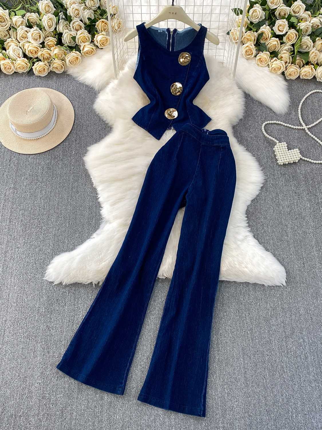 Ensembles 2 Pièces en Jean pour Femme : Gilet Sans Manches et Pantalon Large en Jean Délavé, Style Streetwear Vintage, Tenue d'Été