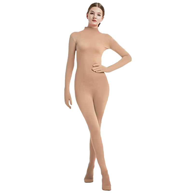 Combinaison intégrale pour femme, couleur nude, coupe ajustée, sans couture, col montant, manches 3/4, justaucorps pour la danse, le yoga, les costumes, les jeux de rôle, les vêtements de scène