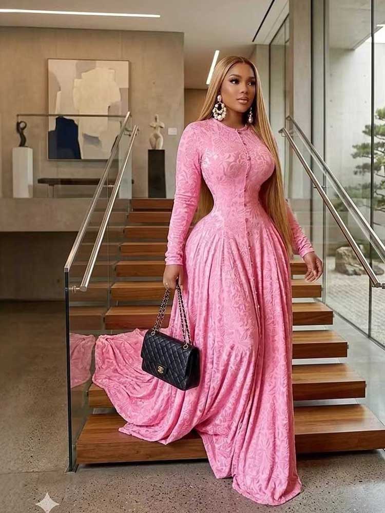 Robe de soirée élégante et luxueuse rose pour femmes, robe moulante à taille haute, manches longues, robe de soirée maxi, vente en gros, dropshipping