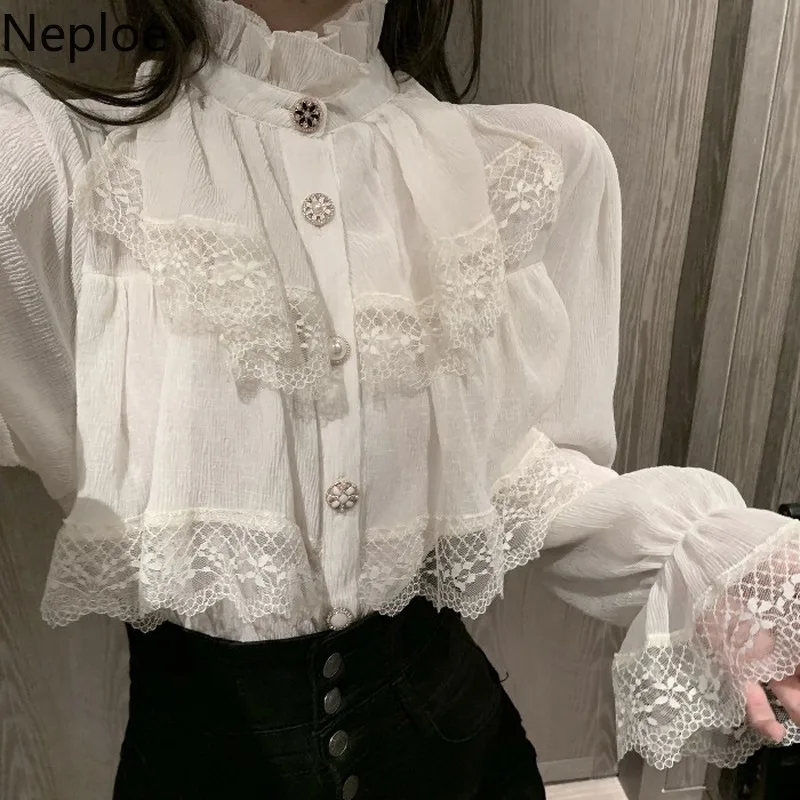 Chemisier en mousseline de soie à col montant pour femmes, manches longues, volants en dentelle, chemises vintage élégantes, mode coréenne blanche, Y-