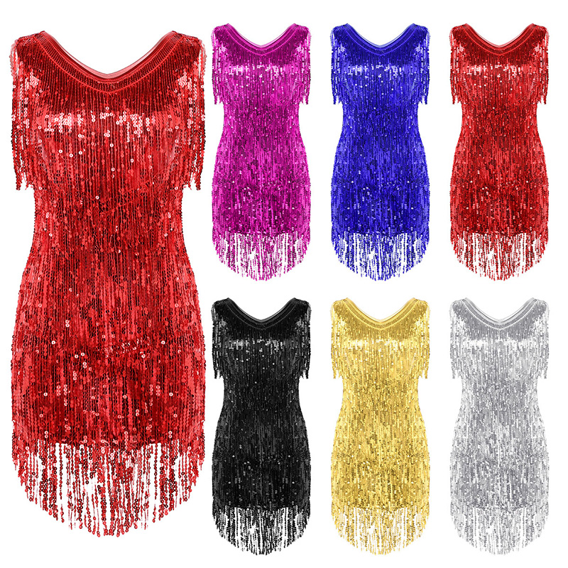 Robe de danse latine pour femmes, col en V, sans manches, paillettes scintillantes, franges, salle de bal, Samba, Tango, scène, Costume Rave