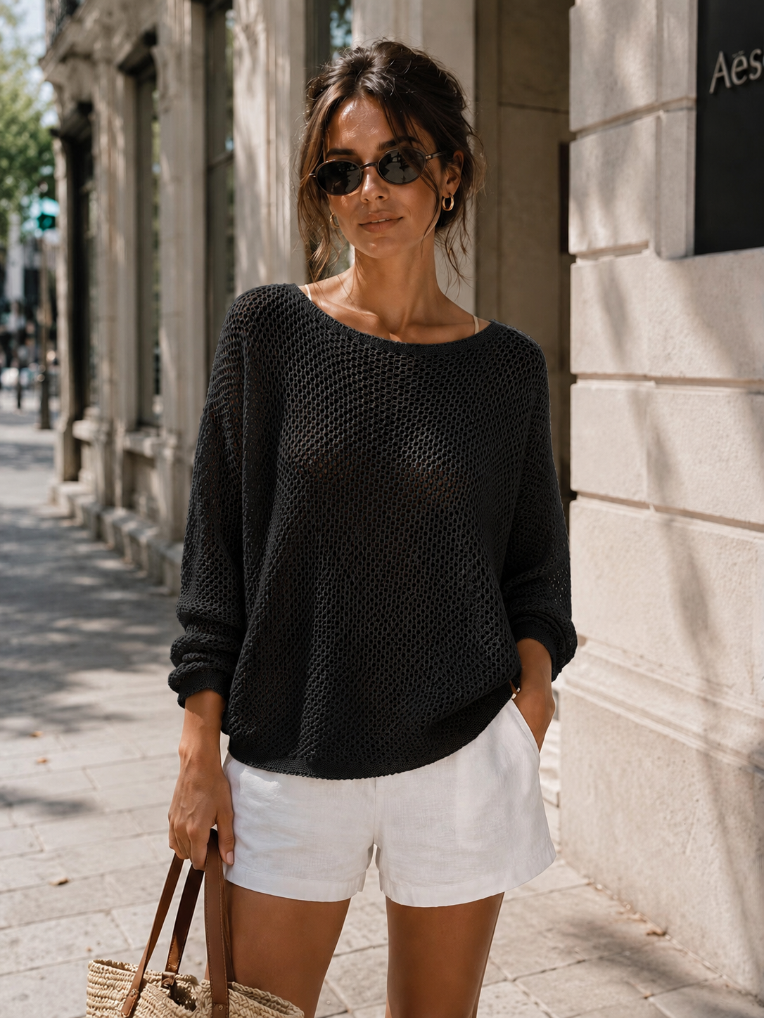 Pull à manches longues en tricot ajouré pour femme, style décontracté et polyvalent, couleur unie, col rond, pour le printemps et l'automne.