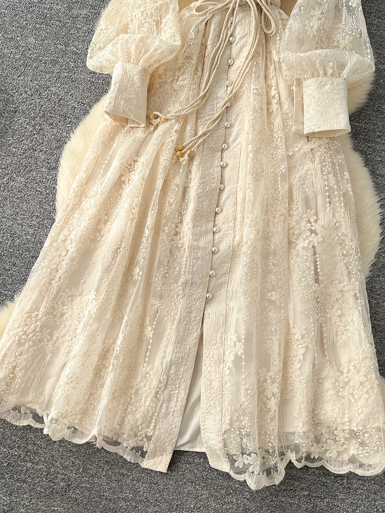 Robe de soirée élégante brodée à col en V pour femme, collection Printemps 2026, style décontracté mi-mollet, vintage, haute qualité