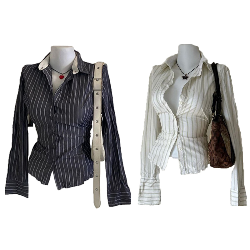 Chemise à manches longues à la mode, streetwear gothique hip-hop imprimé rayé Harajuku, haut cardigan à boutons polyvalent