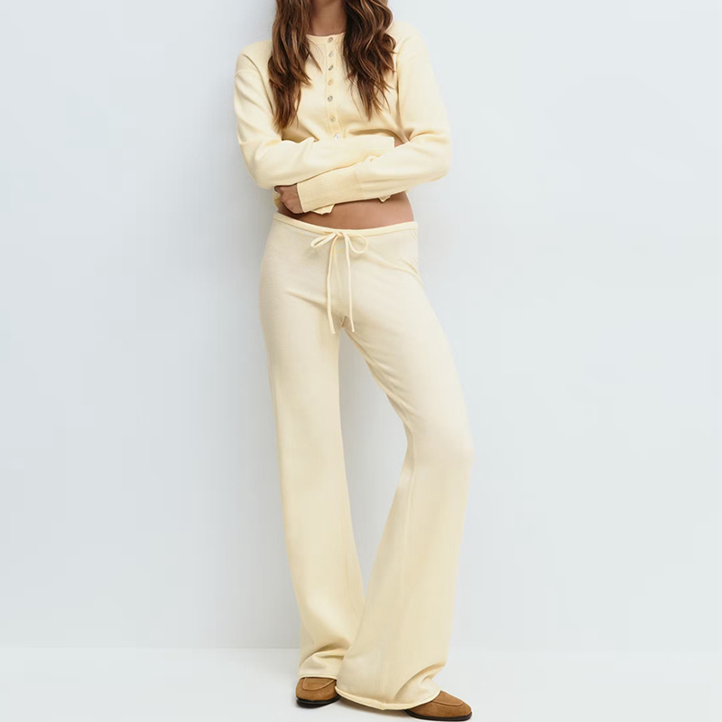 Ensemble 2 pièces pour femmes, vêtements de détente, pantalon, boutonné, manches longues, cardigan court, pull, taille basse, pantalon tricoté, tenues d'automne et d'hiver