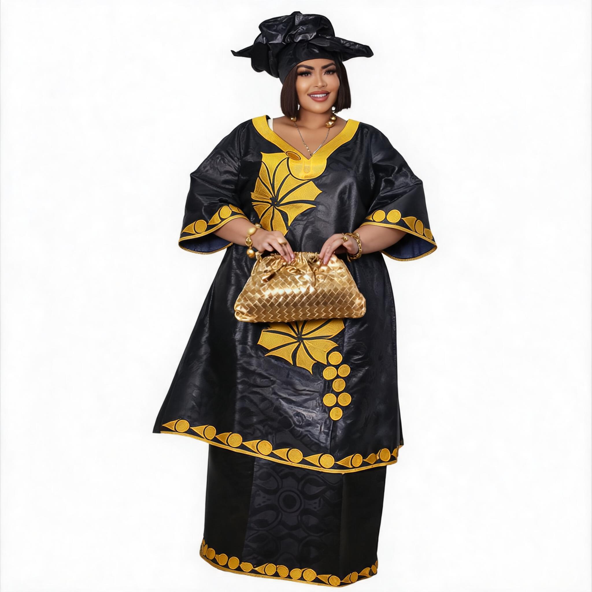 Robes africaines pour femmes grande taille, robe longue avec écharpe, design brodé Bazin Riche