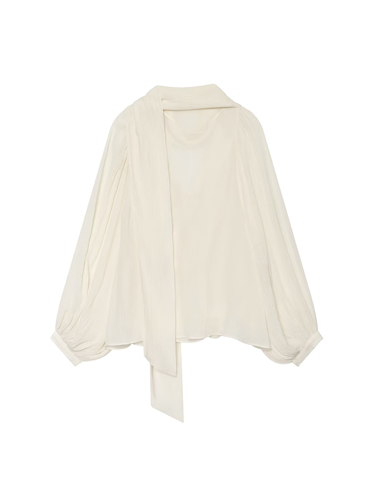 Nouvelle chemise à col écharpe pour femme, élégante, automne, manches longues, col en V, transparente, ample, chemisier tendance 2026, hauts de mode pour femme