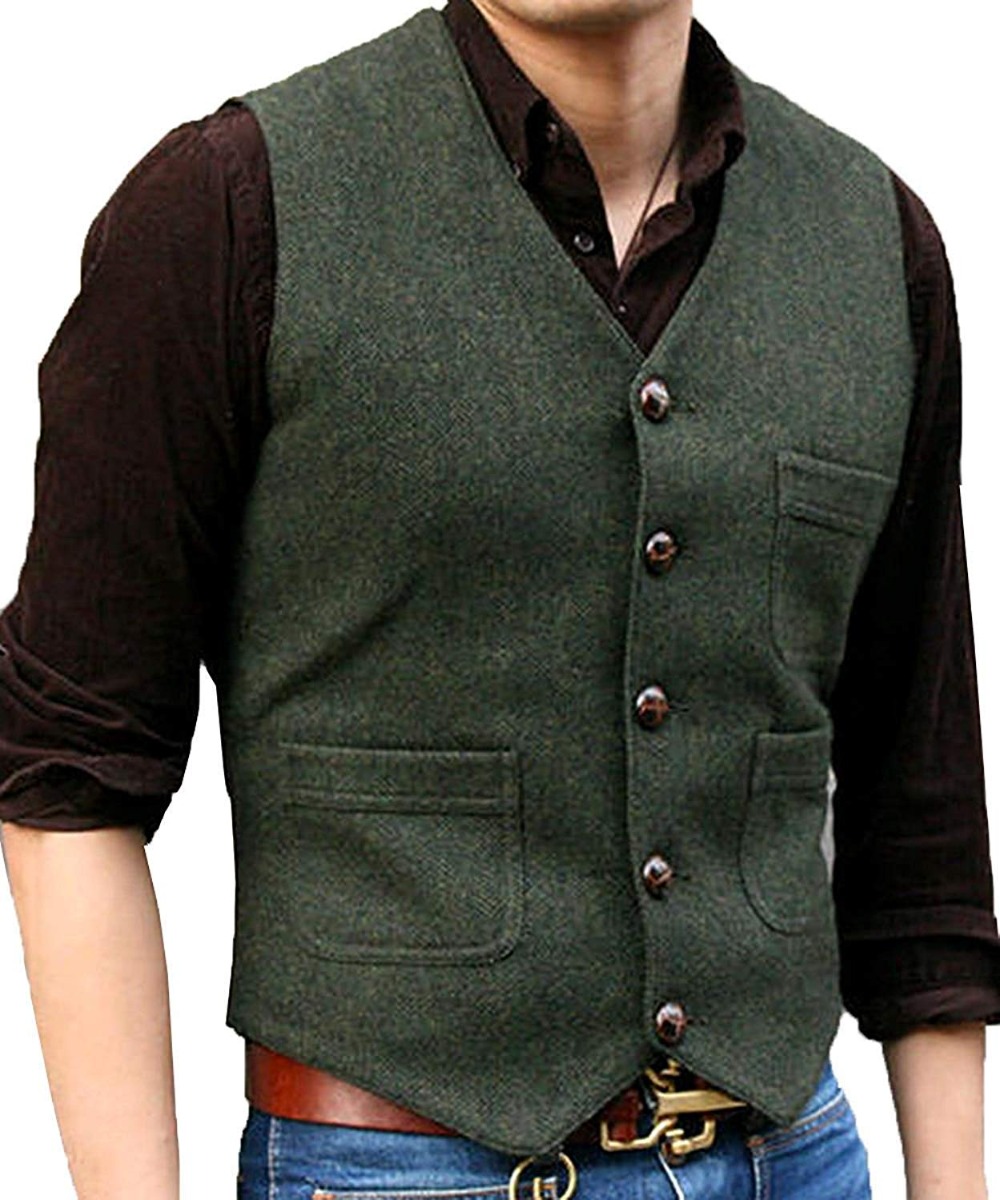Costume formel pour hommes, col en V, laine à chevrons Tweed, gilet décontracté, gilet d'affaires formel pour marié pour mariage, vert/noir/marron