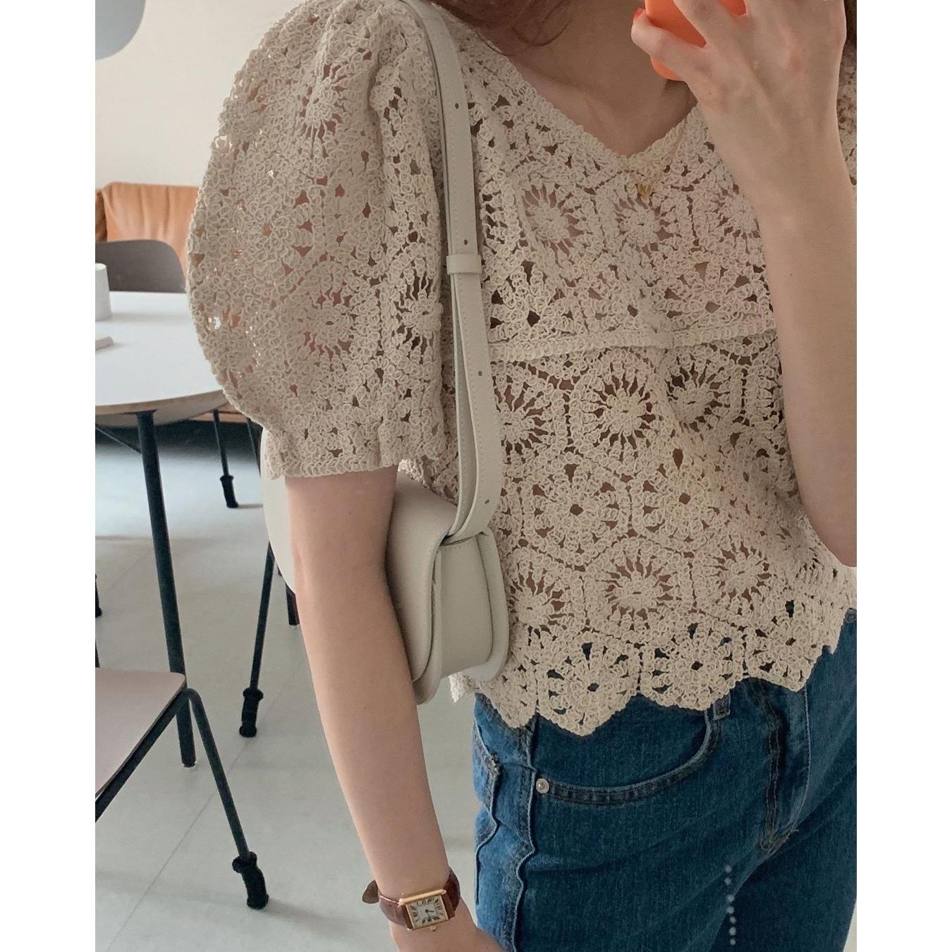 Chemisier à manches bouffantes au crochet amissié pour femme, chemise d'été, pull court, haut à la mode