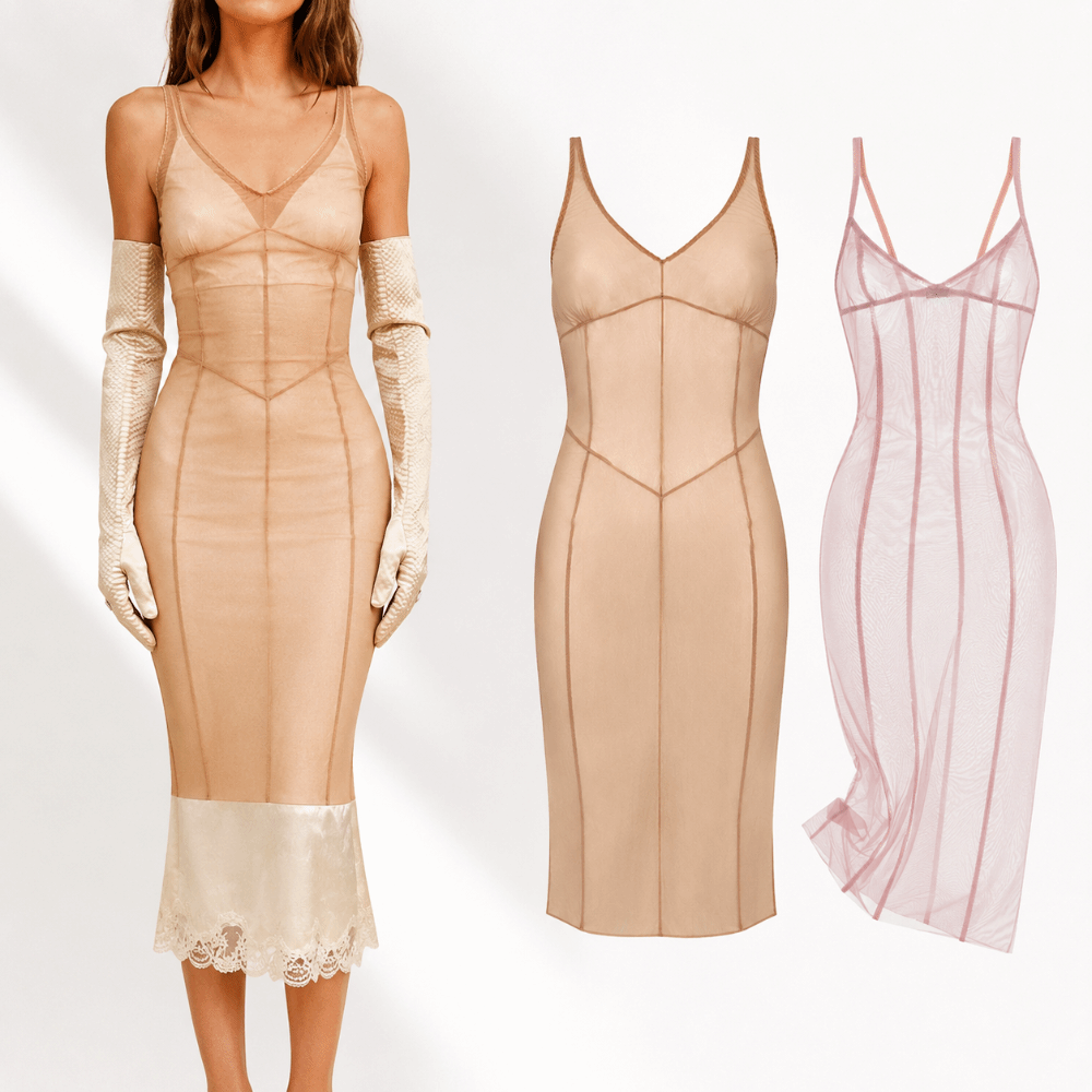 Robe longue chic sans manches en maille transparente avec dentelle, dos nu, taille cintrée, tenue élégante pour femme