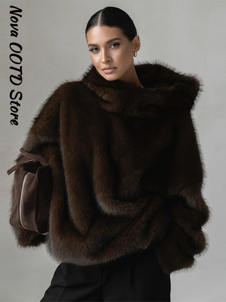 Hiver femmes fourrure à capuche fausse fourrure pull femmes ample manches longues chaud solide manteau 2026 printemps dame rue Chic vêtements d'extérieur nouveau