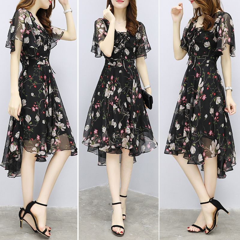 Robe florale en mousseline de soie pour femme, tendances 2026, nouveauté, élégante, col en V, manches courtes, style coréen, robe d'été, vêtements féminins