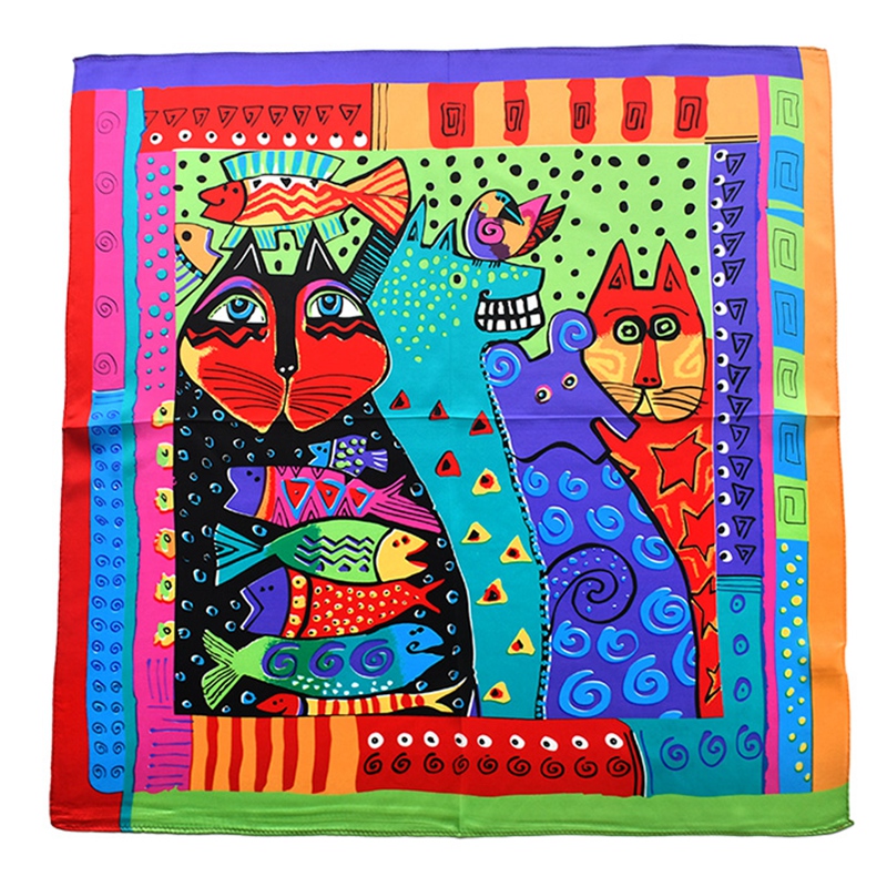 Foulard carré 100% Soie de Mûrier pour Femme, imprimé chats mignons, écharpe de cou, bandeau de tête, bandana, mouchoir