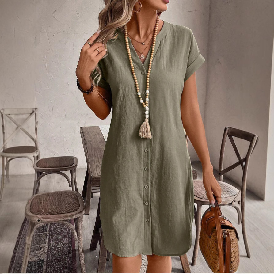 Femmes blouse décontractée robe Simple col en V bouton robe en lin poches ample grande taille chemise robe grande taille robes pour femmes