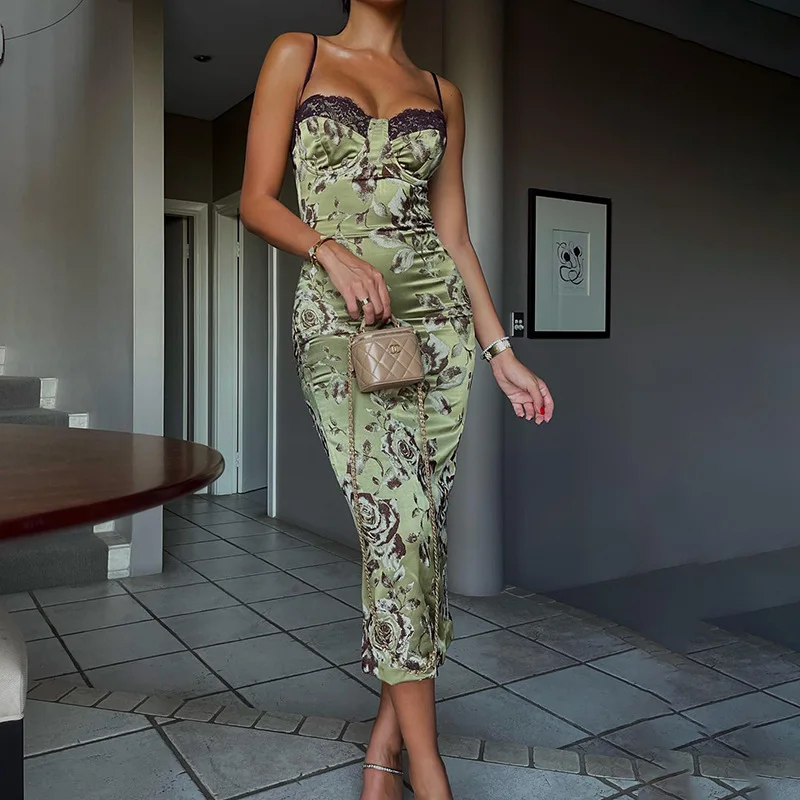 Robe longue en tricot à imprimé floral avec bordure contrastée en dentelle, fentes latérales, sans manches, robe décontractée confortable pour femmes, robe de nuit