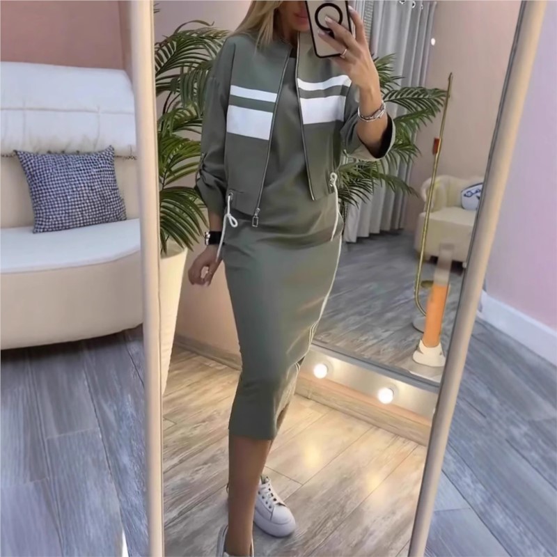 Robe de sport à la mode pour femmes, ensemble veste imprimée rayée, manteau court avec cordon de serrage + robe droite, ensemble deux pièces, vêtements de sport décontractés