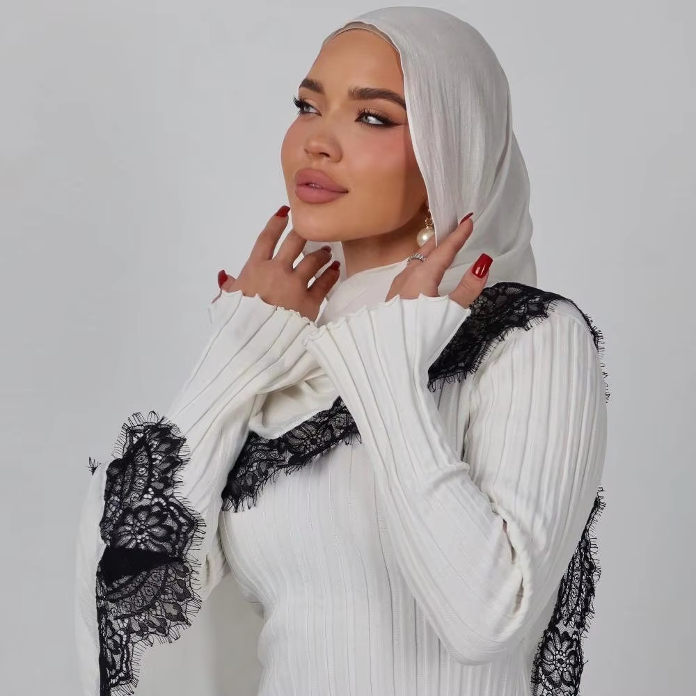 Hijab Ramadan en Rayonne, Coton et Modal, avec bordure en dentelle, Turban respirant, Châle uni en coton, Foulard pour femmes