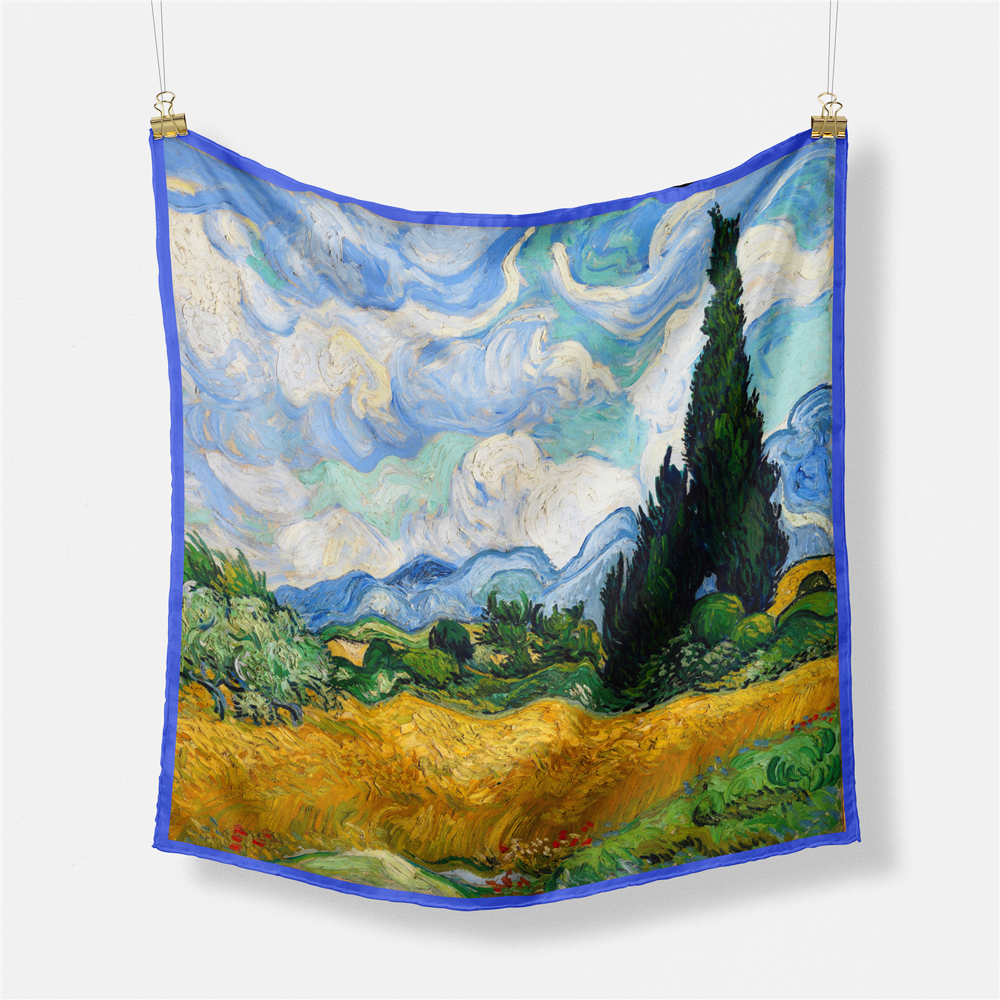 Célèbre peinture à l'huile mode femmes écharpe enveloppes sergé 100% foulard en soie foulards carrés foulard Hijab foulard Bandan 53CM