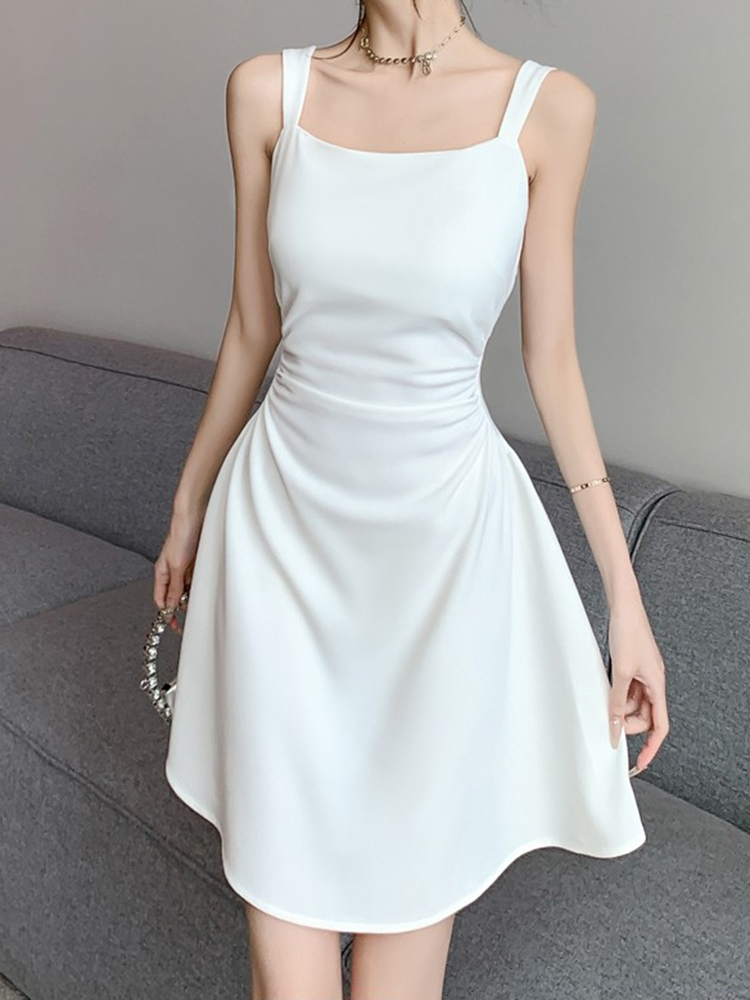 Femmes classique noir blanc robe à bretelles élégante dame tempérament quotidien a-ligne Mini robes femme mode fête taille robe