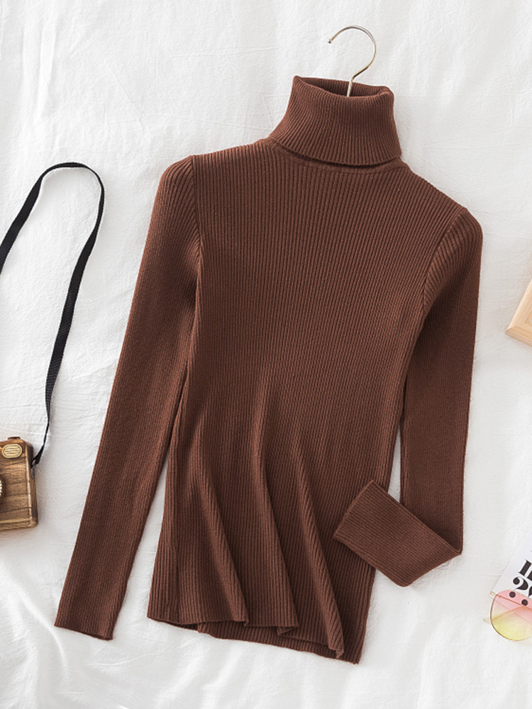 Mode coréenne col roulé femmes automne hiver pull pull basique solide décontracté mince Stretch côtelé haut tricoté femme chandails