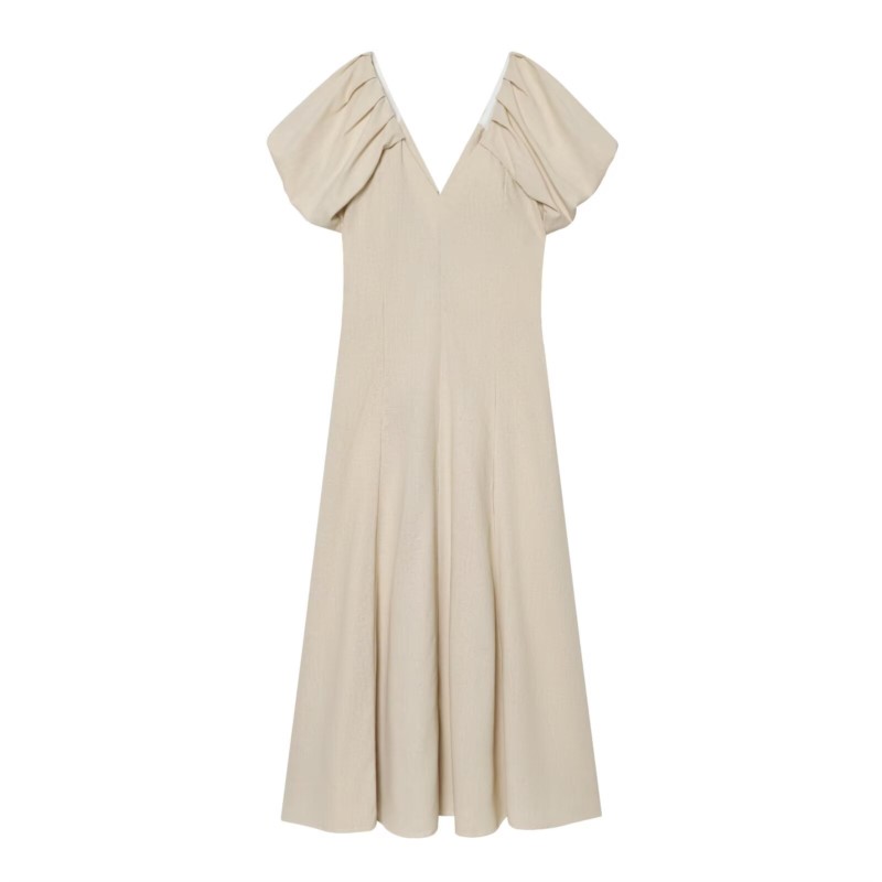 Nouvelle Robe Midi Femme Printemps 2026 Décontractée Col V Manches Bouffantes Unie Longue Évasée Chic