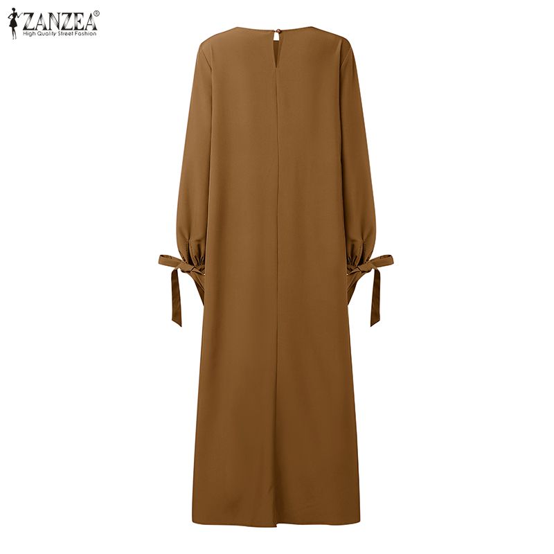 Robes maxi à superpositions pour femmes musulmanes, col rond, manches longues, couleur unie, robes amples Abaya, vêtements islamiques ZANZEA pour le Ramadan