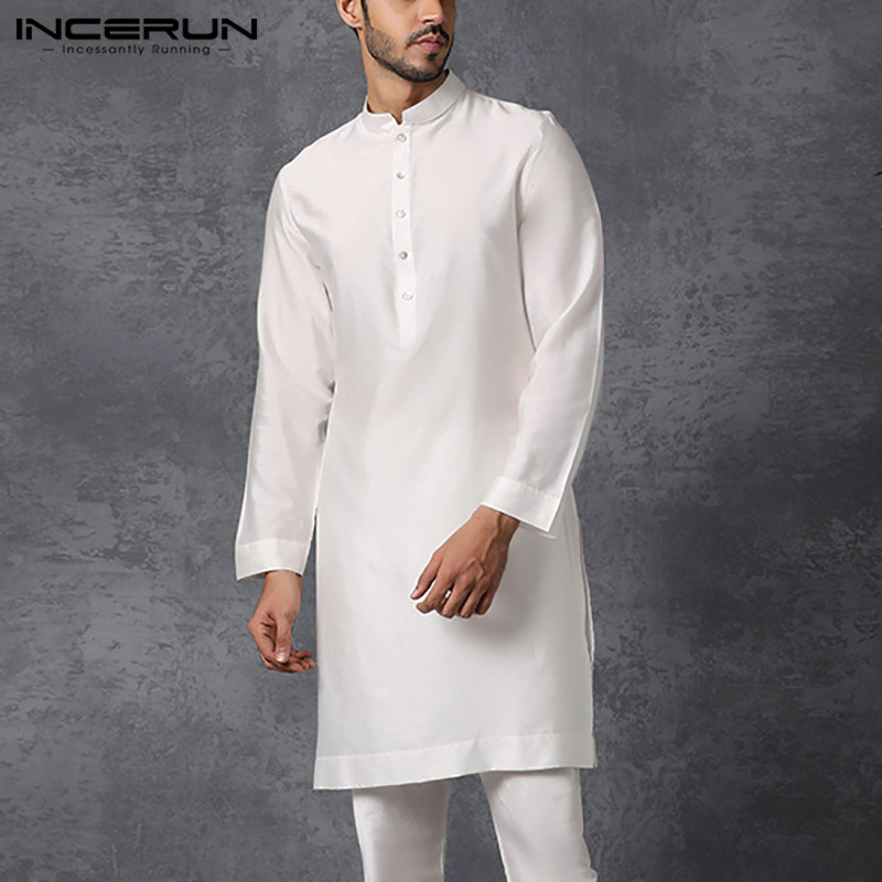 INCERUN hommes chemise musulmane col montant à manches longues islamique arabe caftan couleur unie Streetwear décontracté longues chemises hommes vêtements 5XL