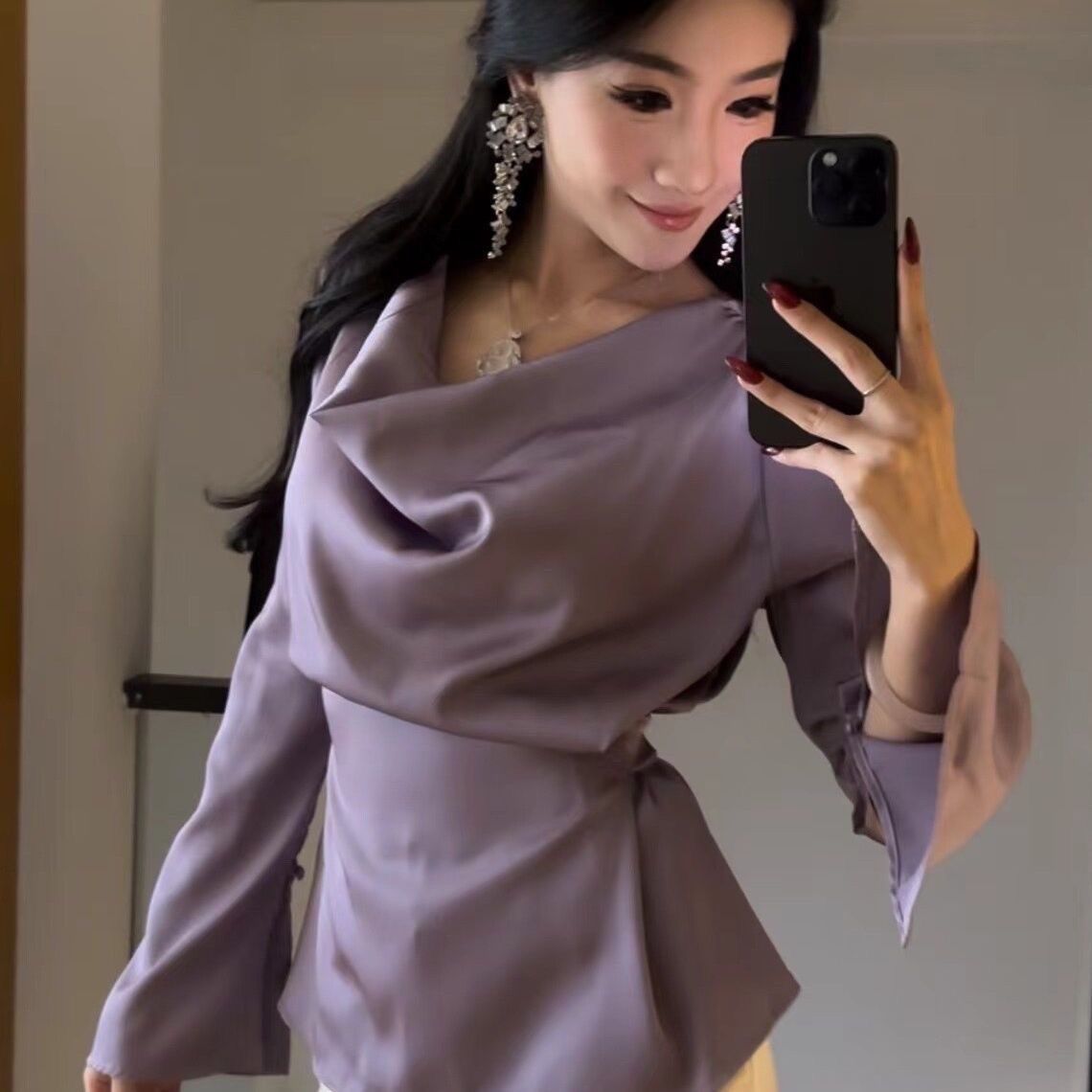 InjSatin-Chemisier évasé à manches longues pour femme, haut basique, tunique bandage, bureau décontracté, coréen, élégant, luxe