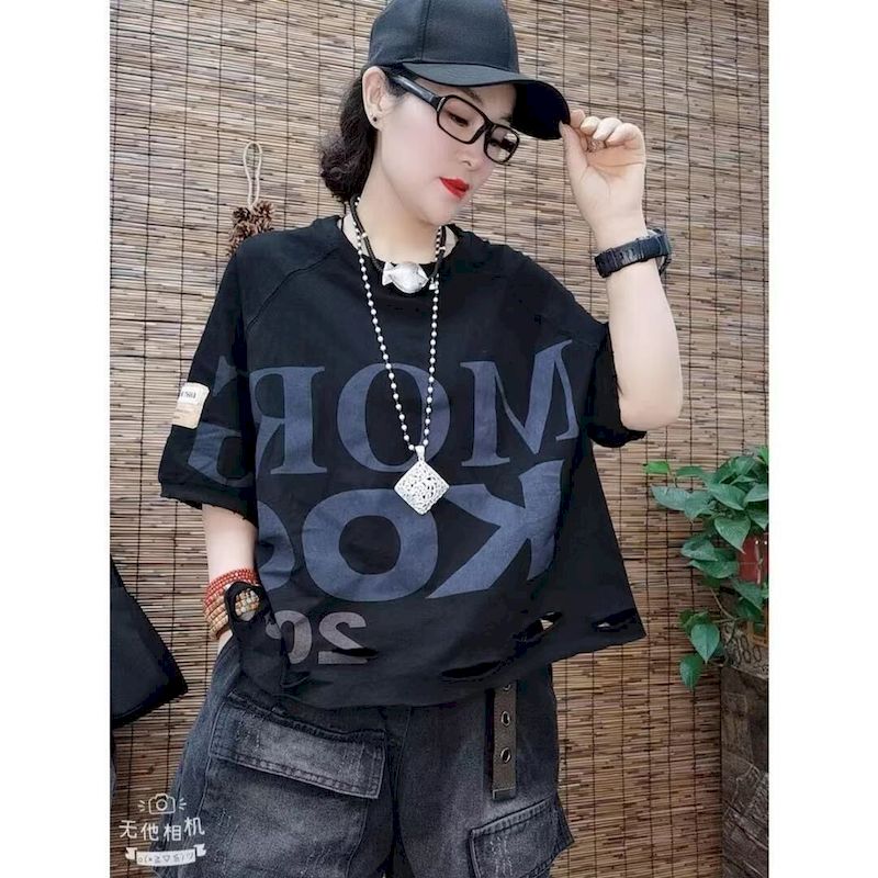 T-shirt femme littérature et Art rétro T-shirt 2025 été nouveau ample grandes lettres trou col rond T-shirt à manches courtes femmes