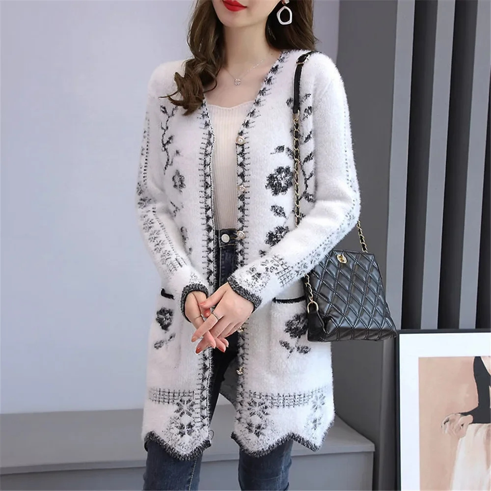 Cardigan en maille ample et très extensible pour femme, nouvelle collection printemps coréenne, motif floral, pull à manches longues, vêtements
