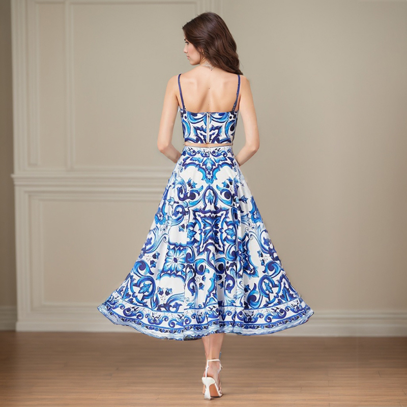 Ensemble deux pièces pour vacances à la plage, haut court à boutons dorés et jupe longue, imprimé bohème, à la mode, bretelles spaghetti, été