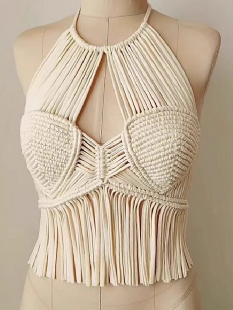 Débardeur court bohème pour femme, dos nu, à nouer autour du cou, avec broderie et pompons, style suspender