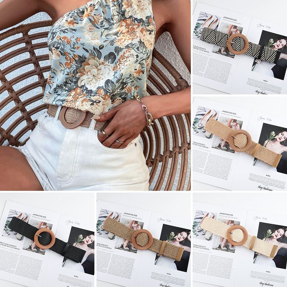 Ceinture d'été bohème pour femmes, élastique, en paille, tressée, large