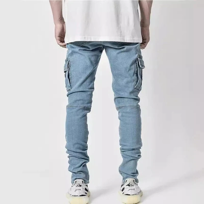 Jeans en denim élastique pour hommes, pantalon cargo multi-poches, coupe slim décontractée, jogging taille moyenne, document monochrome lavé, rue, fjwear, 03/Wear