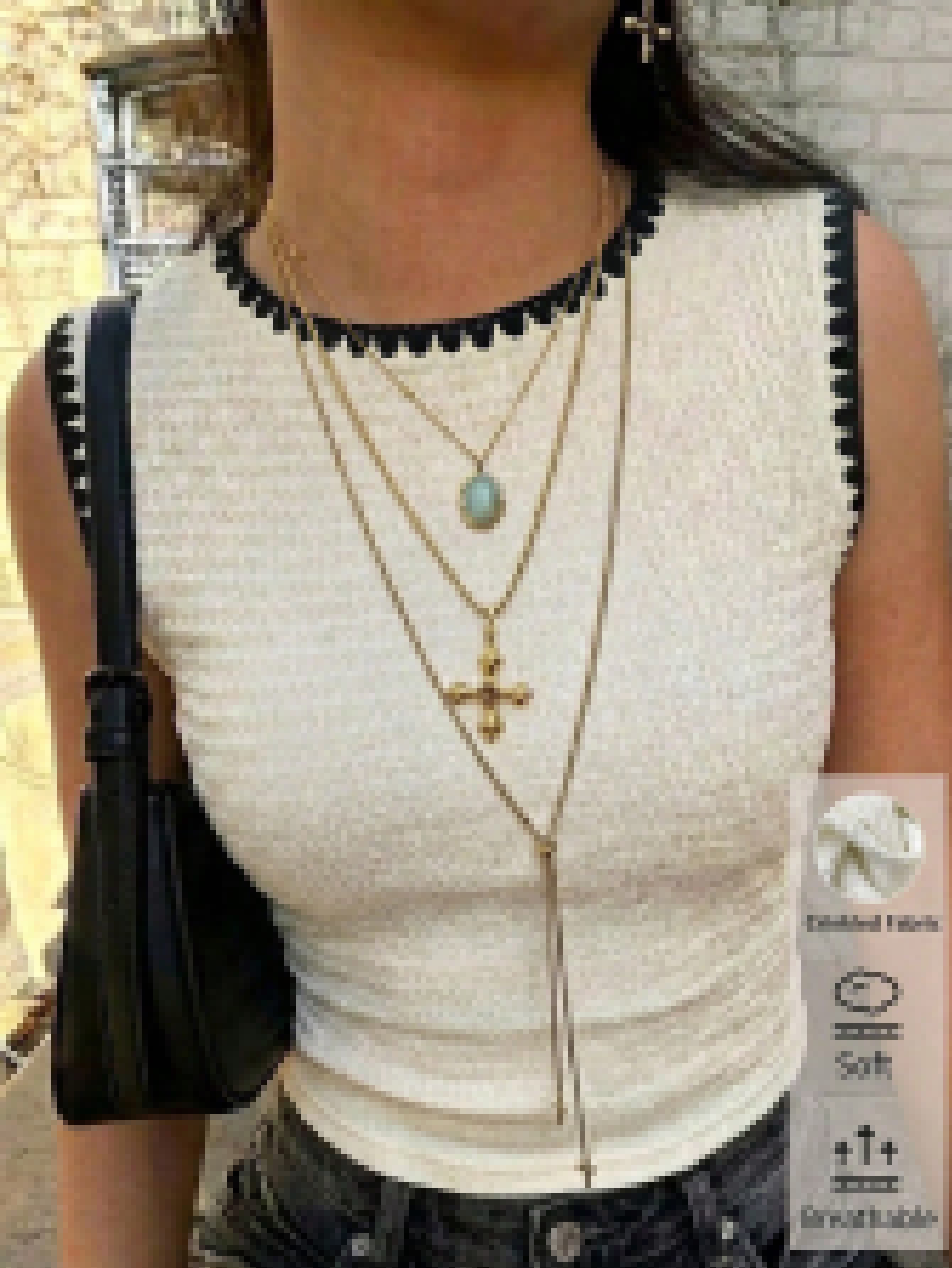 Camisole élégante pour femme, col rond contrastant, haut court uni sans manches. Parfait pour voyager, faire du shopping, passer des vacances