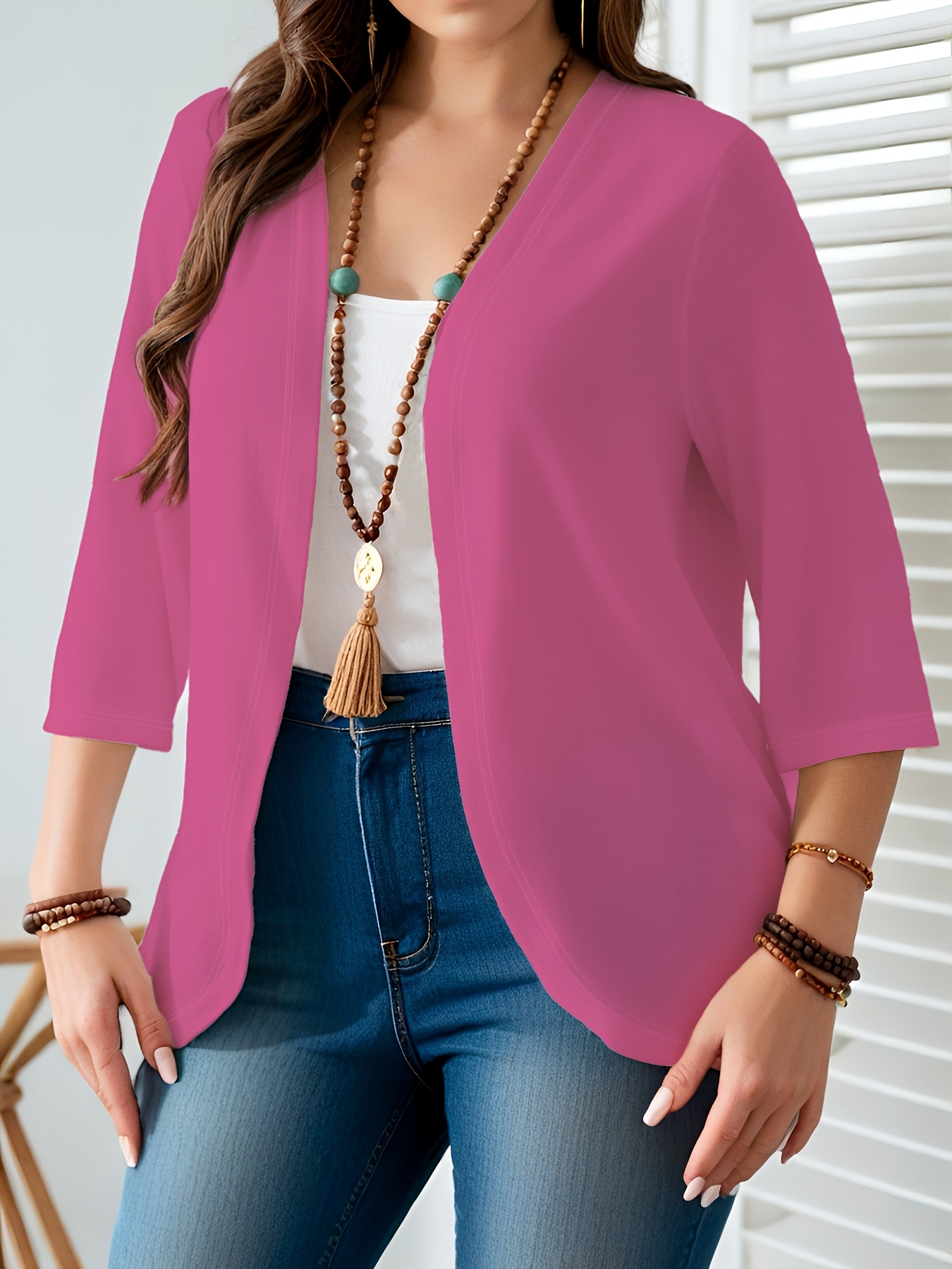 Cardigan ouvert sur le devant pour femme grande taille, veste décontractée légère à manches 3/4, mode superposée de couleur unie.