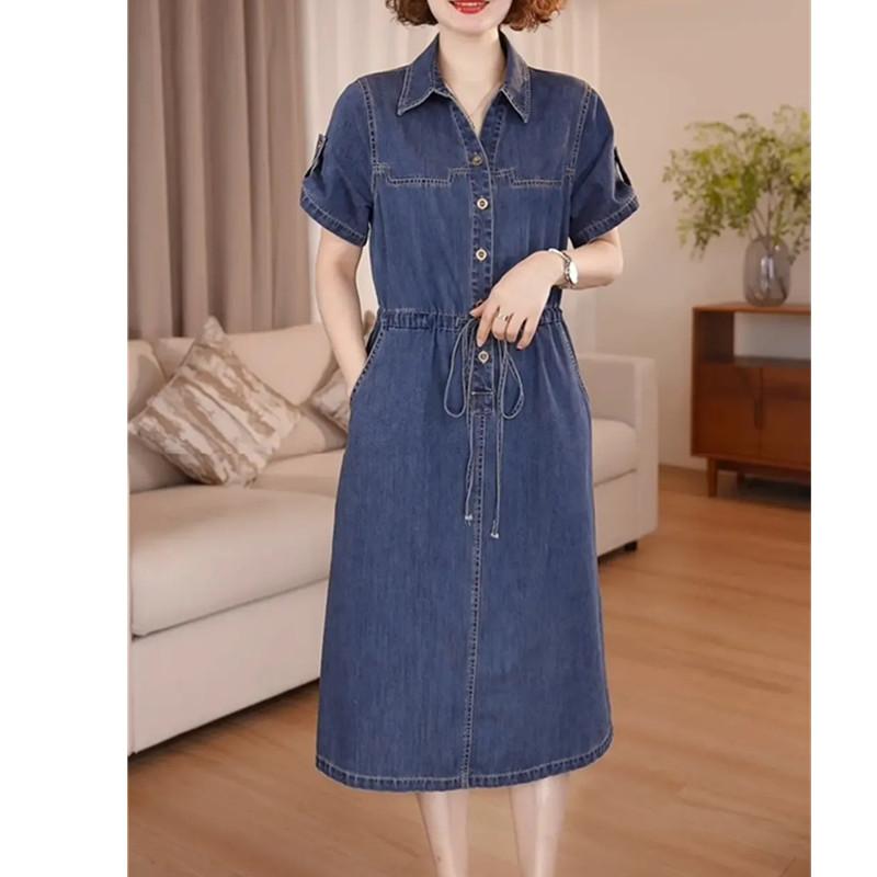 Robe en jean pour femme, nouvelle collection été 2026, à manches courtes, simple boutonnage, coupe ajustée, élégante et décontractée, avec poches