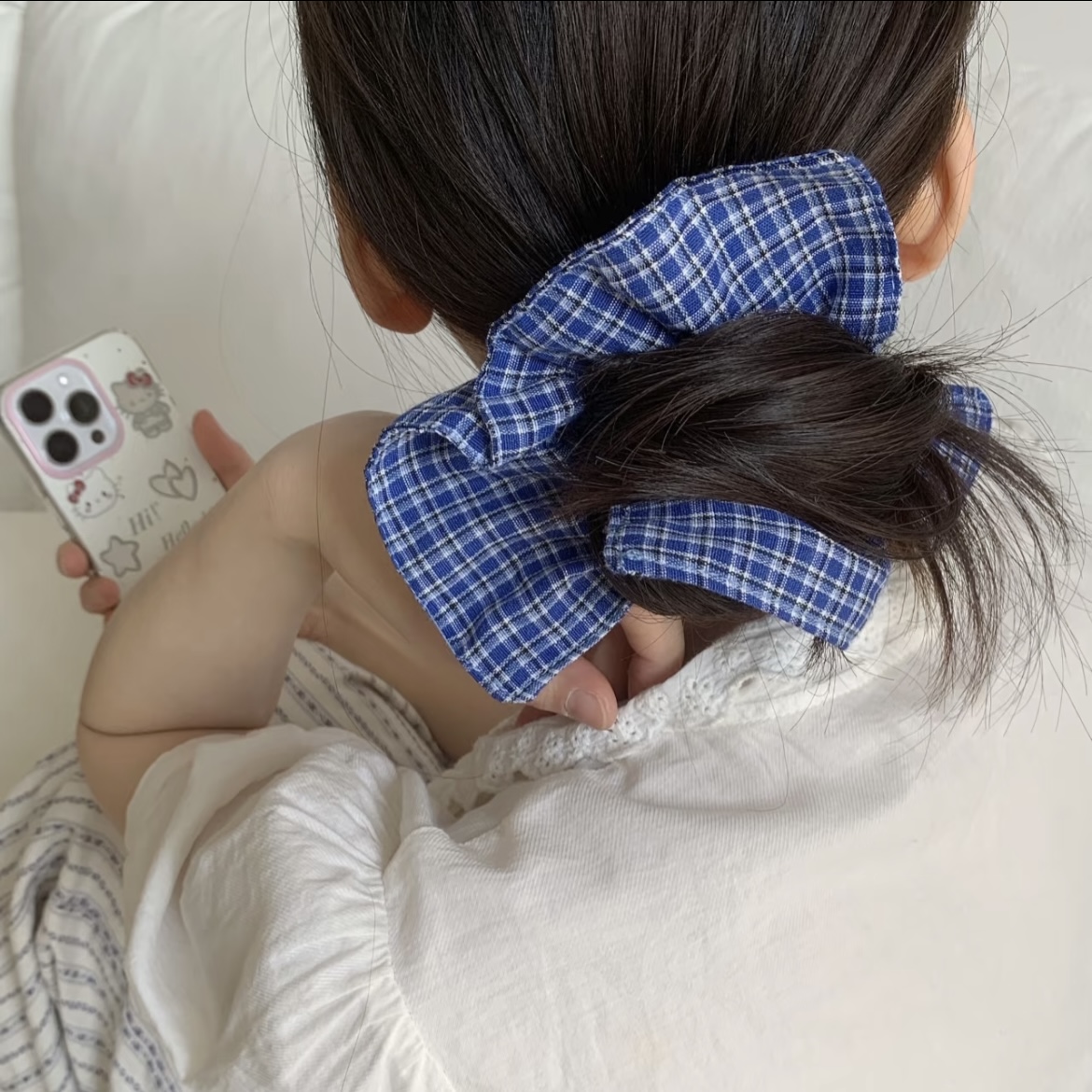 Preppy – chouchou à carreaux bleus de Style Preppy, cravate à cheveux en forme de grand nœud, accessoire de cheveux mignon et rétro pour femmes