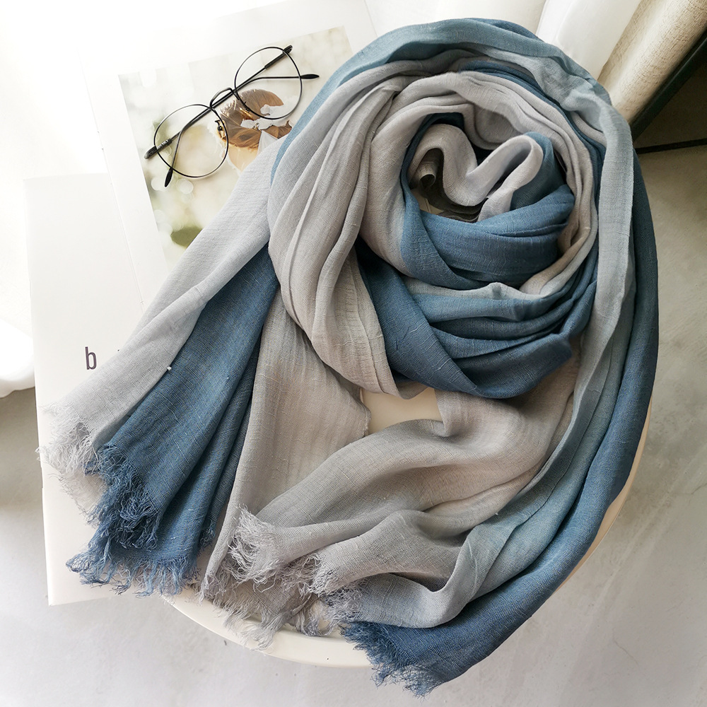Écharpe unisexe en coton et lin de style japonais, dégradé de couleurs, automne-hiver, longues écharpes et châles doux, bufanda courte à franges pour femme