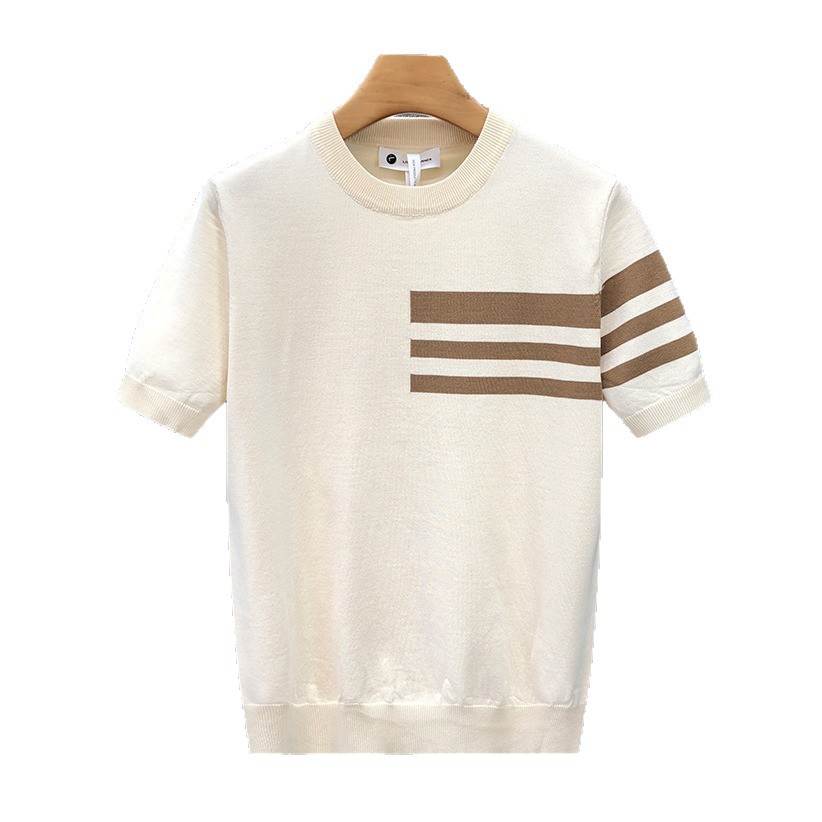 Style coréen 2025 été nouvelle mode hommes rayé contraste couleur col rond manches courtes respirant décontracté à la mode T-shirts mâle haut