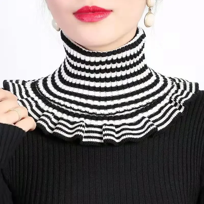 Pull rayé Joker coréen pour femme, épais, chaud, col élastique cervical, faux col, écharpe en laine, automne, hiver