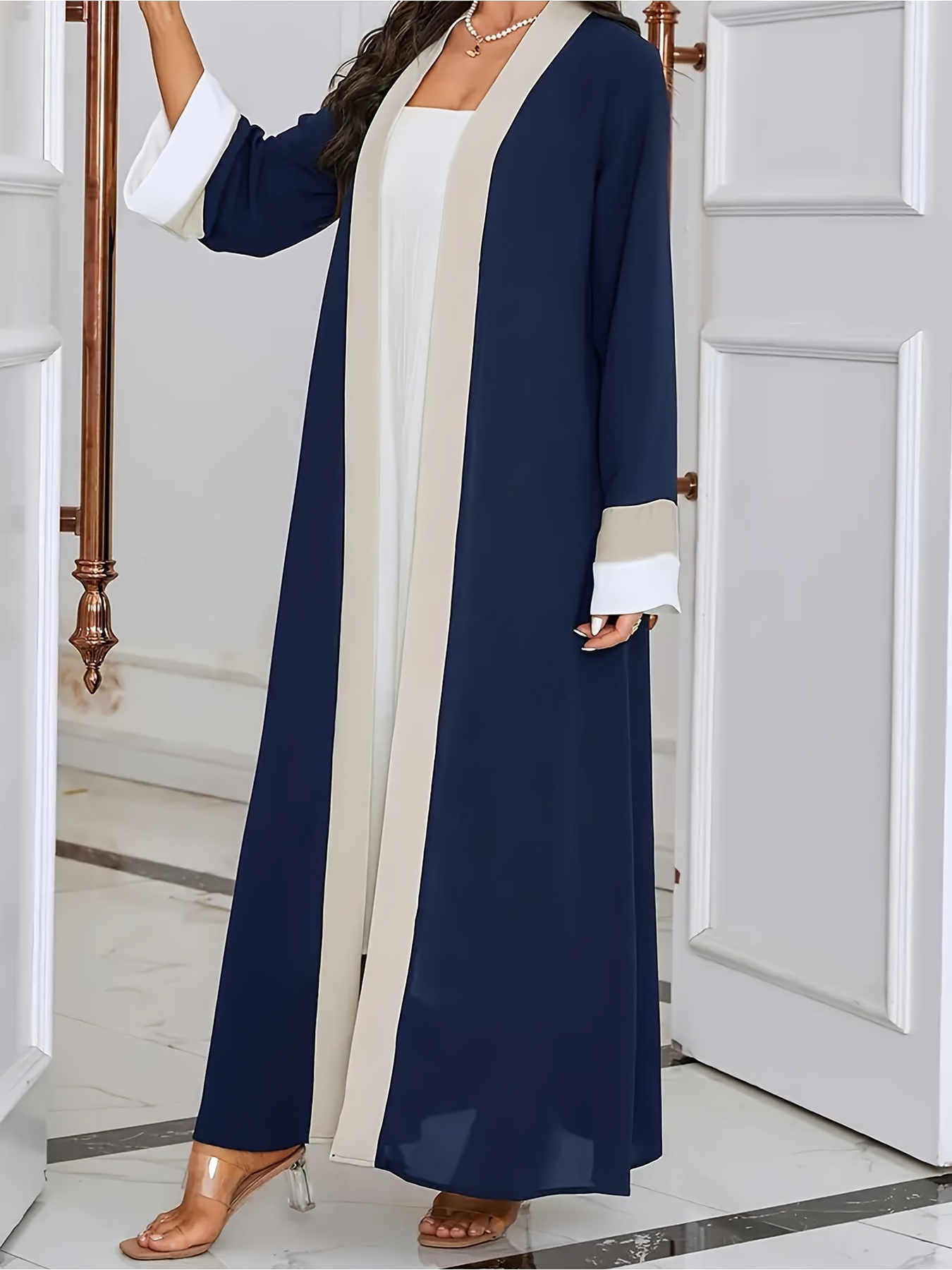 Robe longue décontractée et élégante pour femme, col ouvert, manches longues, color-block, coupe ajustée, extra-longue, tendance, pour femmes musulmanes