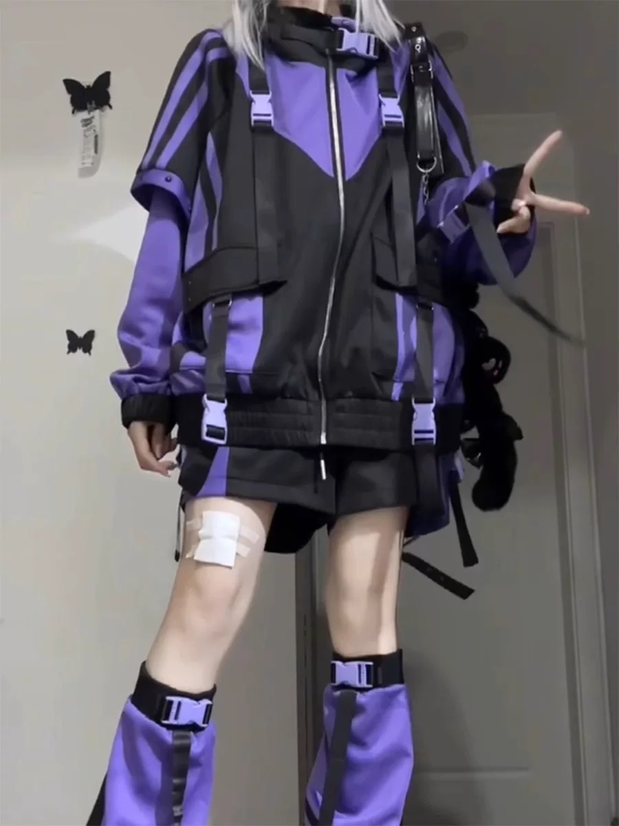 Veste en Patchwork violet pour femmes, mode japonaise, Style Techwear, Harajuku, coupe-vent Cosplay, manteau Vintage Y2K, 2025