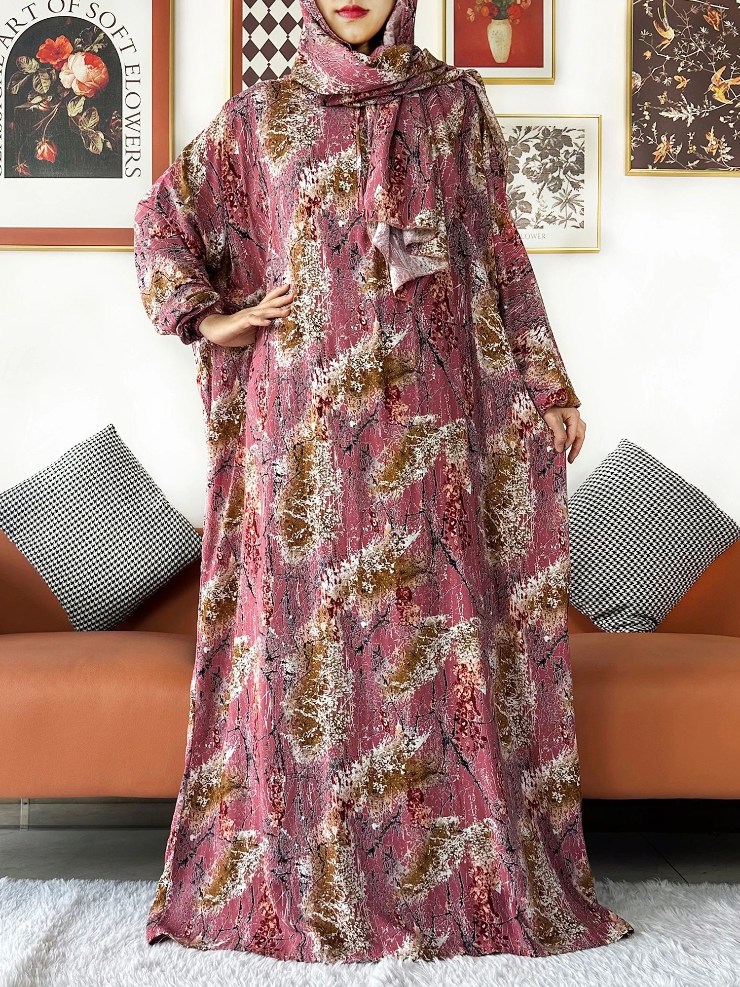 Abaya-Robe africaine en coton fleuri pour femme musulmane, vêtement de prière pour le Ramadan, Dubaï, Turquie, moyen-orient, tenue Turban, 2024