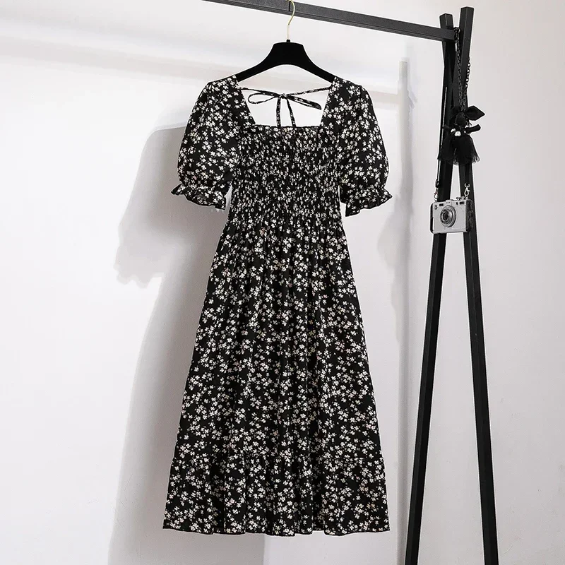 Printemps été robes en mousseline de soie mode femme taille élastique à manches courtes plissée tenue décontractée femmes robes a-ligne robes