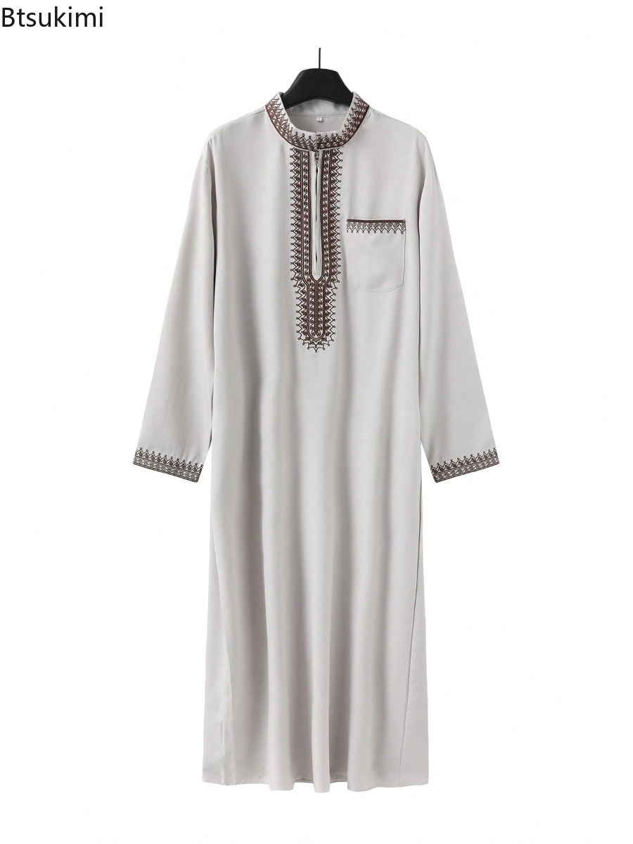 Robe traditionnelle pour hommes 2026, motif ethnique brodé, fermeture éclair, col montant, manches longues, Jubba Thobe, robe musulmane pour hommes, Thobe islamique