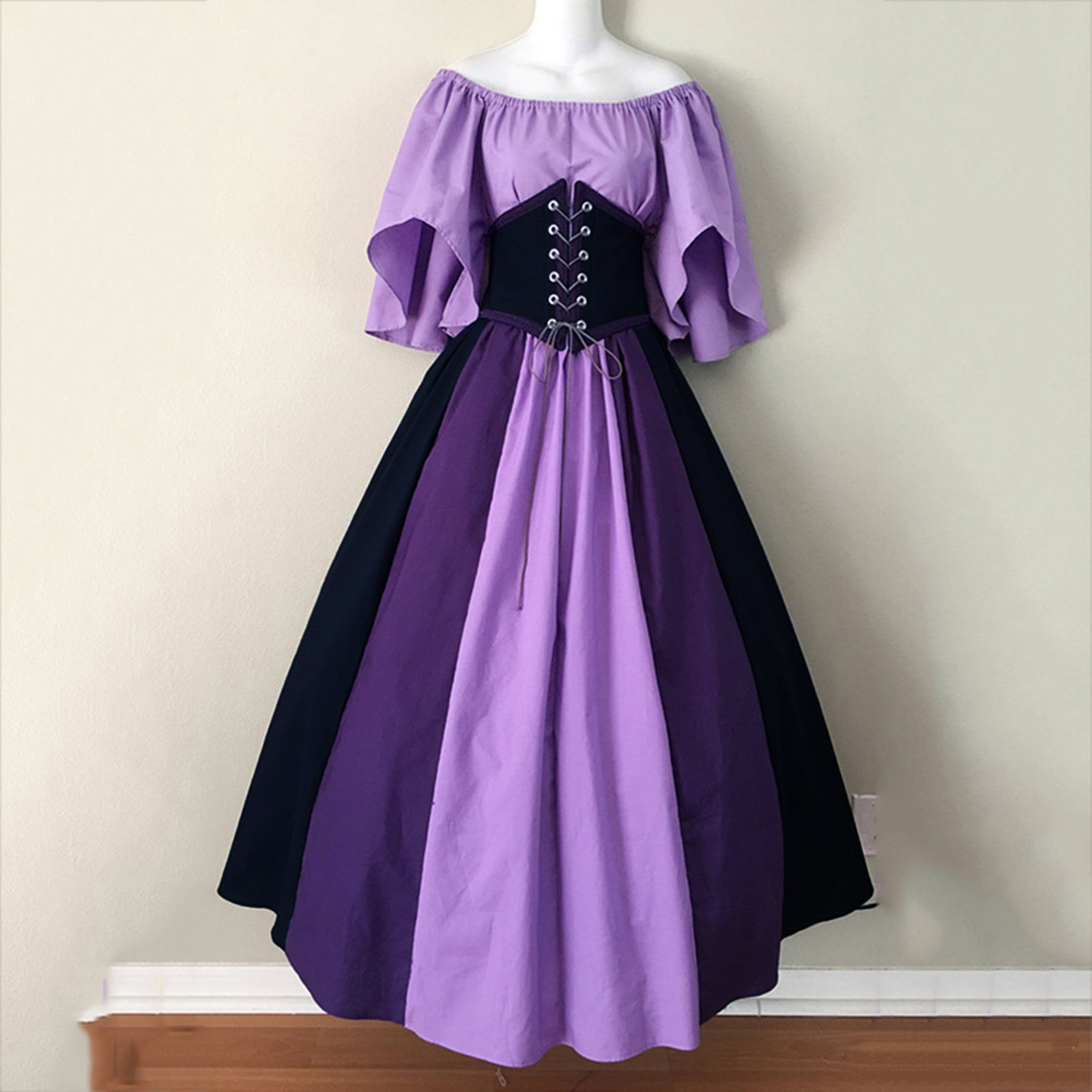 Robe longue gothique médiévale et Renaissance pour femme, style patchwork, épaules dénudées, idéale pour Halloween