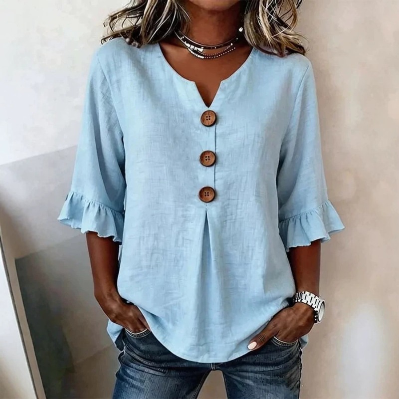 Chemisier d'été pour femmes en lin et coton, col en V, boutonné, chemises tendance pour dames