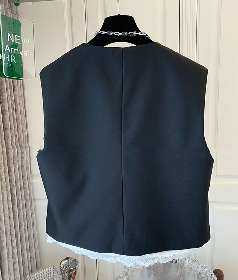 Femmes dentelle Patchwork gilet coréen col rond décontracté sans manches vestes 2025 femme gilet ample Vintage Chic hauts femmes vêtements