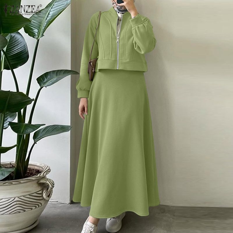 ZANZEA 2026 Tenues de printemps Blouse à manches longues et jupe Ensemble de mode pour femmes 2 pièces Ensembles de vestes à fermeture éclair Robe longue Ensemble assorti musulman